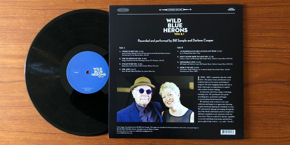Wild-Blue-Herons-You-And-I back jacket cover for vinyl album. Vancouver Jazz legends, Bill Sample and Darlene Cooper creat an album based on their love story. Illustration by Joe Average.